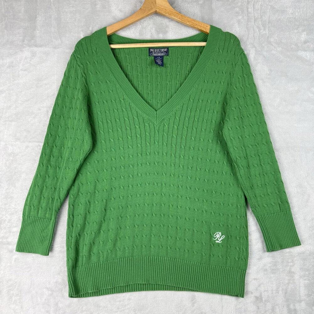 Polo Jeans Company by Ralph Lauren Green Cable Knit Sweater Size L V-Neck Preppy